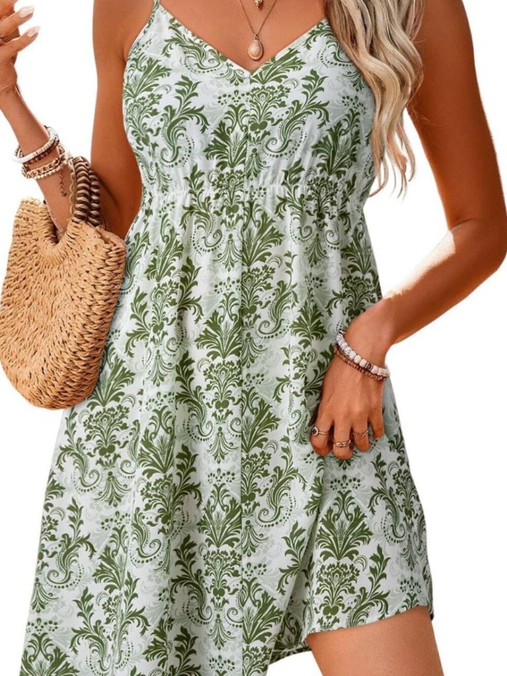 Floral Green Mini Dress | V Neck Spaghetti Strap...